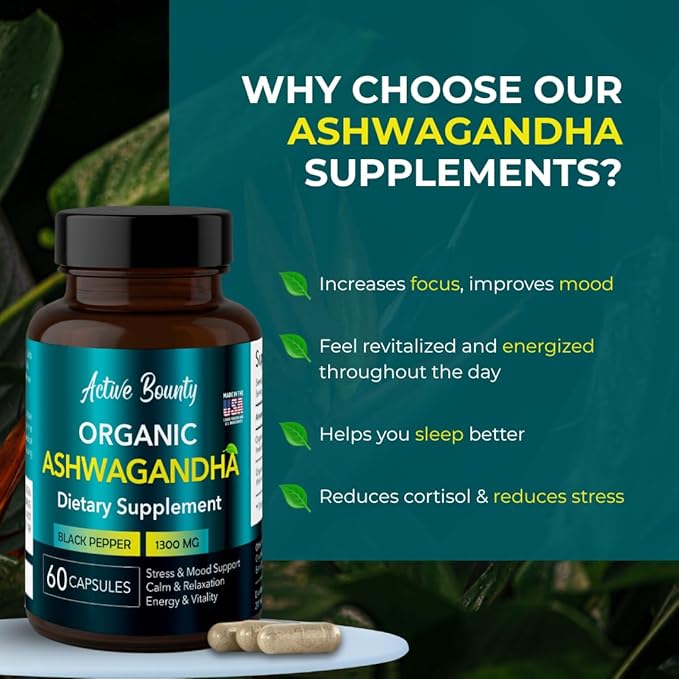 Organic Ashwagandha 1300mg with Black Pepper for Enhanced Absorption | Stress &amp Mood Support Calm &amp Relaxation Energy &amp Vitality | Vegan Non-GMO | 60 Capsules | Made in USA