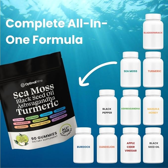 Optimal Prime Sea Moss and Black Seed Oil Gummies Ashwagandha Turmeric Manuka Honey ACV Dandelion Black Pepper Burdock Bladderwrack Vegan 90 Gummies 45 Day Supply