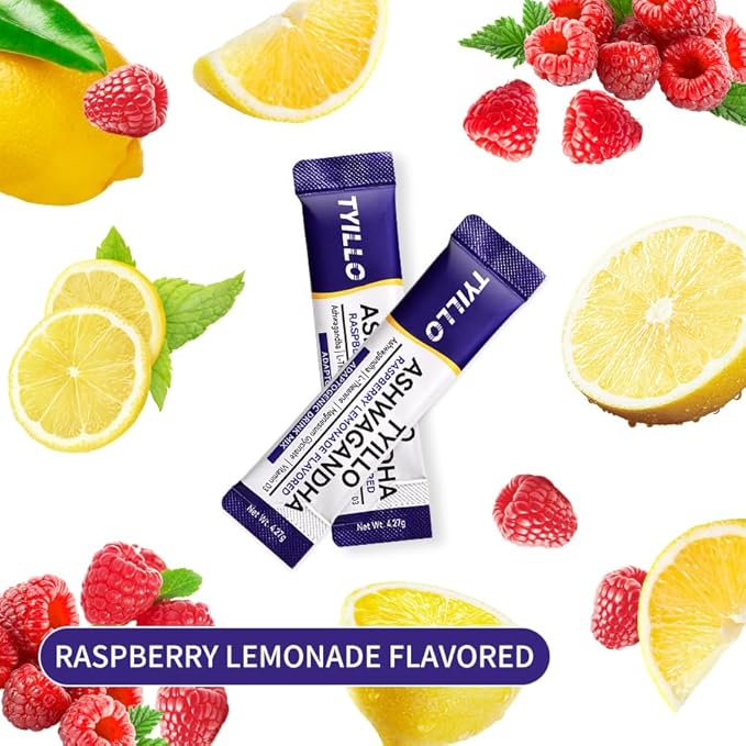 TYILLO Ashwagandha Drink Mix Raspberry Lemonade Flavor with L-Theanine Magnesium &amp D3 – Stress Relief Calm Focus &amp Sleep Support 20 Servings Sugar-Free Vegan Non-GMO Made In USA