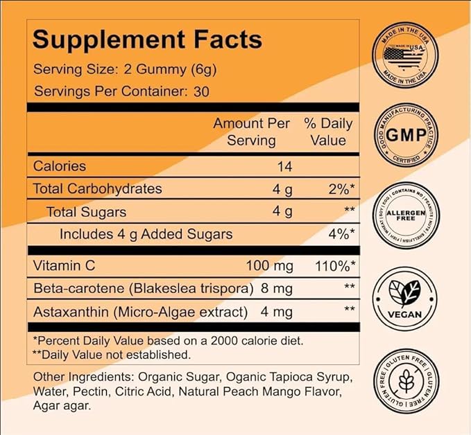 Organic Tanning Gummies for Glowing &amp Healthy Skin Clinically Backed Dose Astaxanthin &amp Beta-Carotene Complex for Supports Peach Mango 60 Count Made in USA