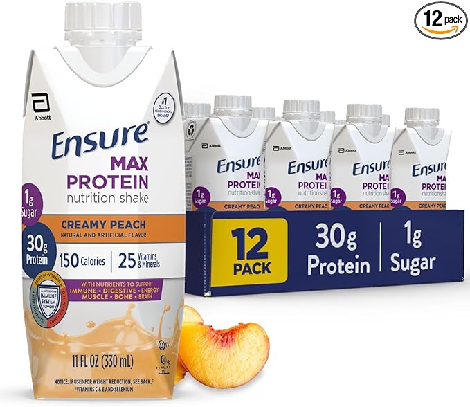Ensure Max Protein Creamy Peach Nutrition Shake | 30g Protein 1g Sugar 4g Fiber Blend | 12 Pack
