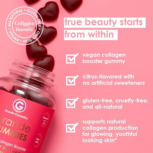 Grande Cosmetics Vegan Collagen Hair Vitamin Gummies with Biotin Folic Acid &amp Vitamin C - for Healthier-Looking Hair Skin Lashes &amp Brows - Citrus Flavor (60 Gummies 1-Month Supply)
