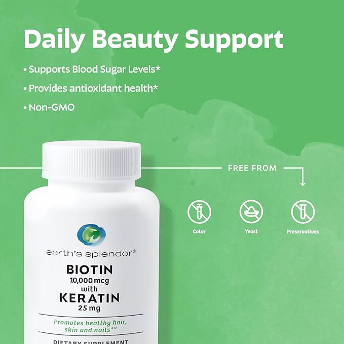 Earth's Splendor Energy &amp Hair Support: Vitamin B12 (200 Tablets) + Biotin 10000 mcg &amp Keratin 25mg (60-Day Supply) - Boosts Energy Hair Nails &amp Skin - No Artificial Colors Gluten Free