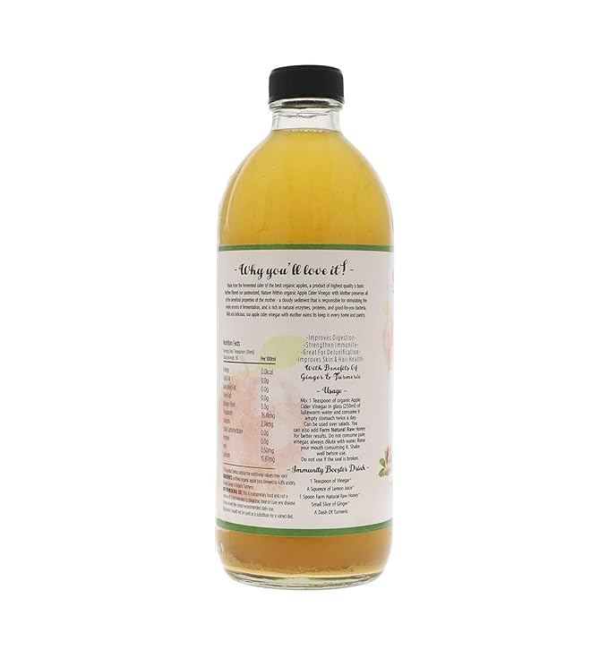 Farm Naturelle Organic Apple Cider Vinegar with Mother and Infused Ginger &amp Turmeric (500 ml) (Glass Bottle)