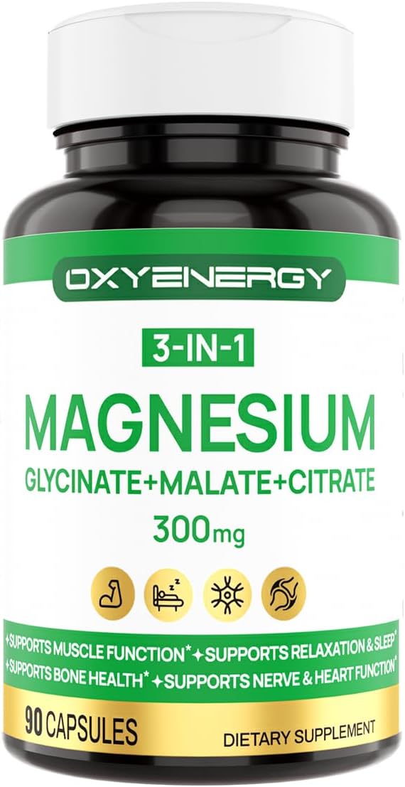 OXYENERGY Triple Magnesium Complex Supplement 3 in 1 Chelated Magnesium Capsules 300mg with Glycinate Malate Citrate per Servering High Absorption Bone Heart &amp Nerve Health Vegan 90 Capsules