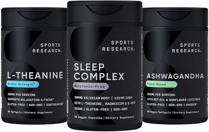 Sports Research De-Stress &amp Sleep Bundle - Melatonin-Free Sleep Complex Double Strength L-Theanine Supplement and Ashwagandha Softgels with Coconut MCT Oil for Relaxation Calm &amp Sleep Suppor