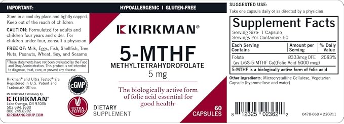 Kirkman 5-MTHF ([6S]-5-Methyltetrahydrofolate) 5 mg - Hypoallergenic | 60 Vegetarian Capsules