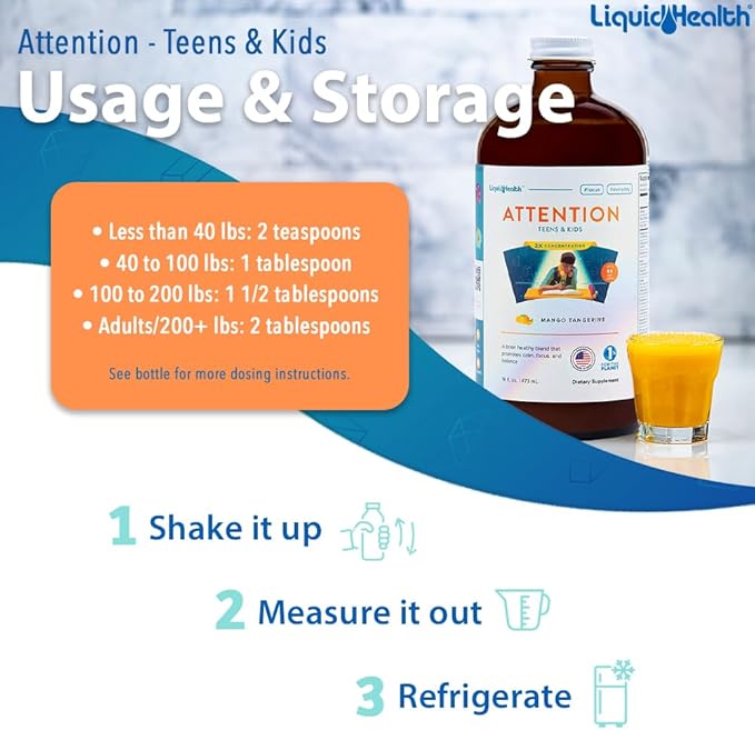 LIQUIDHEALTH Attention Liquid Multivitamin for Kids &amp Teens - Improves Memory Retention Concentration Focus Mood Relaxation &amp Calming - Made in The USA Great Taste Vegan Sugar-Free (2