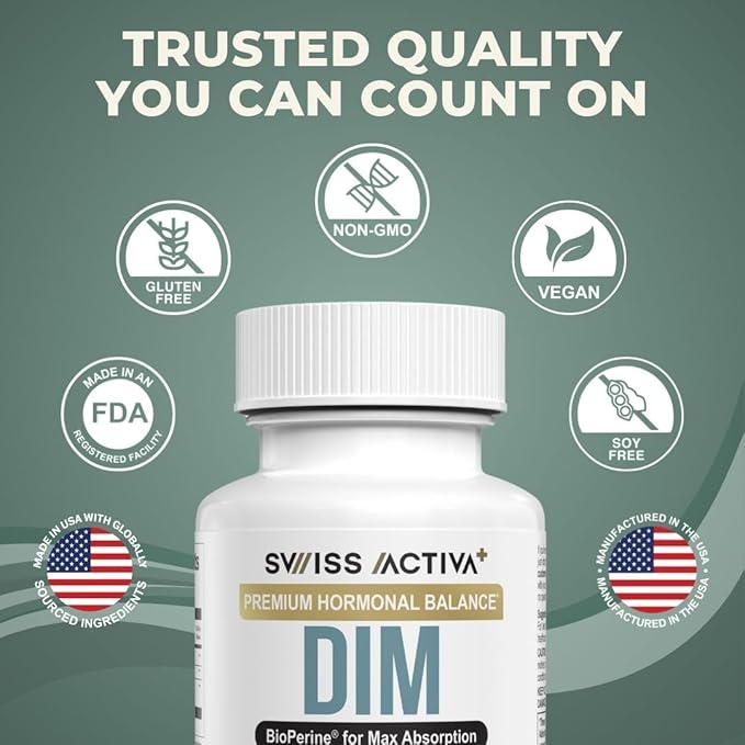 Swiss Activa+ Labs DIM Supplement – Hormone Balance for Women &amp Men – Estrogen Supplement for Women and Men– Supports Hormonal Acne &amp Menopause Symptoms| Gluten Free Non-GMO &amp Vegan – 180