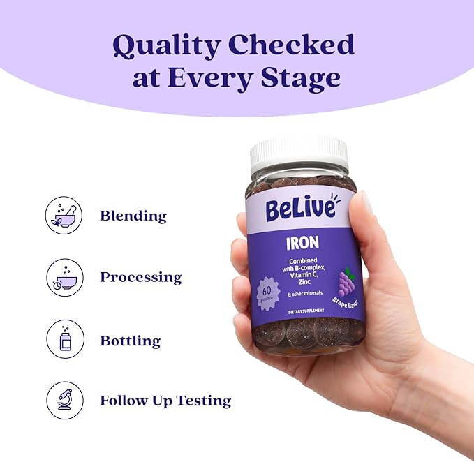 BeLive Iron Gummies - Multivitamin Iron Supplement with Vitamin C A B &amp Zinc Supports Blood Oxygen Vegan Supplements for Women Men &amp Kids for Growth and Development - Grape Flavor | 3-Pac