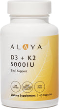 Alaya Naturals Vitamin D3 K2 Supplement – 5000 IU D3 50 mcg K1 15 mcg K2 MK-7 – High Absorption Capsules for Bone &amp Immune Support Non-GMO Vegetarian Capsules 60 Count