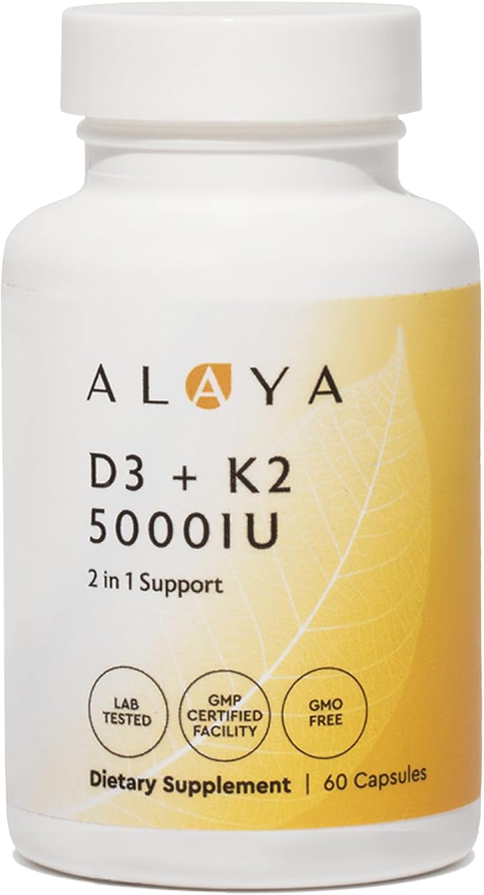 Alaya Naturals Vitamin D3 K2 Supplement – 5000 IU D3 50 mcg K1 15 mcg K2 MK-7 – High Absorption Capsules for Bone &amp Immune Support Non-GMO Vegetarian Capsules 60 Count