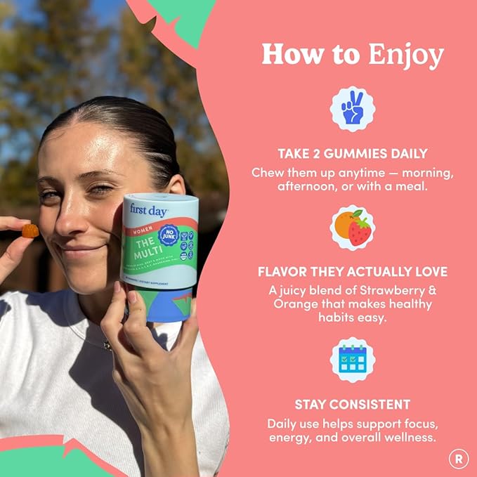 FIRST DAY Multivitamin for Women - Daily Womens Multivitamin Gummies - Vitamin A C D E B12 Magnesium Zinc Biotin – Vegan Gluten Free Womens Vitamins - Hair Growth Skin Energy – 30 Day Supply