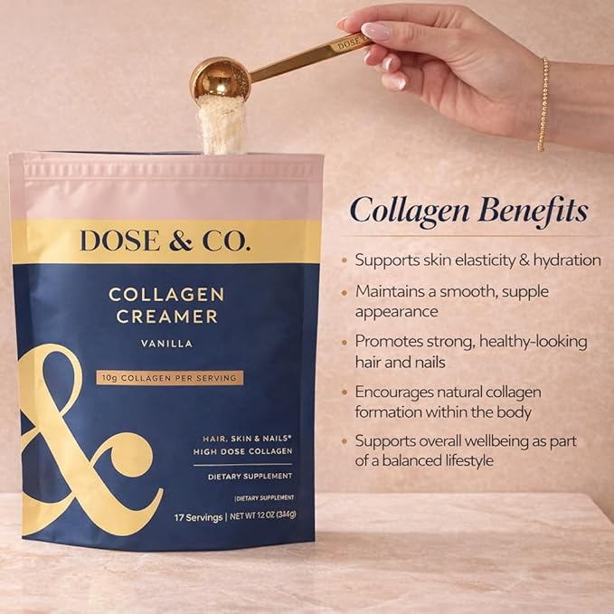 DOSE &amp CO. Vanilla Collagen Creamer Powder 12 Oz | Hydrolyzed Bovine Collagen Type I &amp III with 11g Protein per Serving | Supports Hair Skin &amp Nails | High Bioavailability Non-GMO Glut