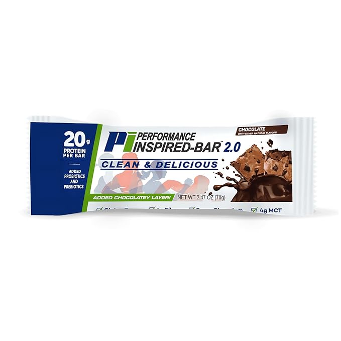 Performance Inspired Nutrition - Protein Bar 2.0 – Contains: 20G Protein - 6G Fiber - 4g MCTs - 1 Billion CFU Probiotics – 1G Prebiotics - G Free – BIG 70g bar - Chocolate 12-Ct. Box