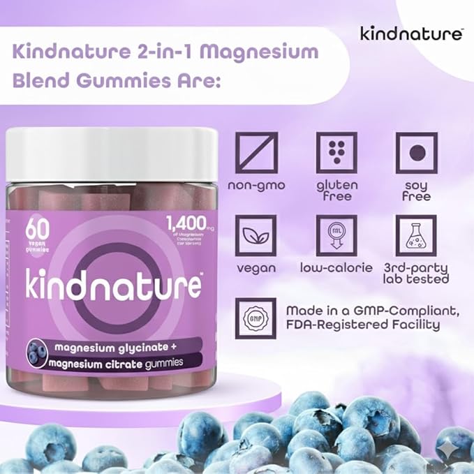 KINDNATURE Magnesium Glycinate &amp Citrate Gummies – Calm Magnesium Complex for Sleep Stress Cramps &amp Digestion – Chewable Vegan Magnesium Supplement for Women Teens Adults – 60 Ct