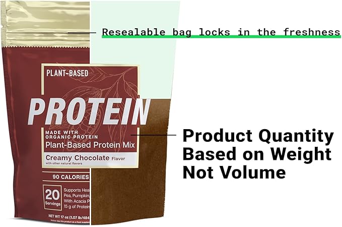 Essential Elements Plant-Based Organic Protein Powder - Creamy Chocolate Flavor - Vegan Sugar-Fee &amp Keto-Friendly - Yellow Pea &amp Sacha Inchi Protein Blend - 20 Servings