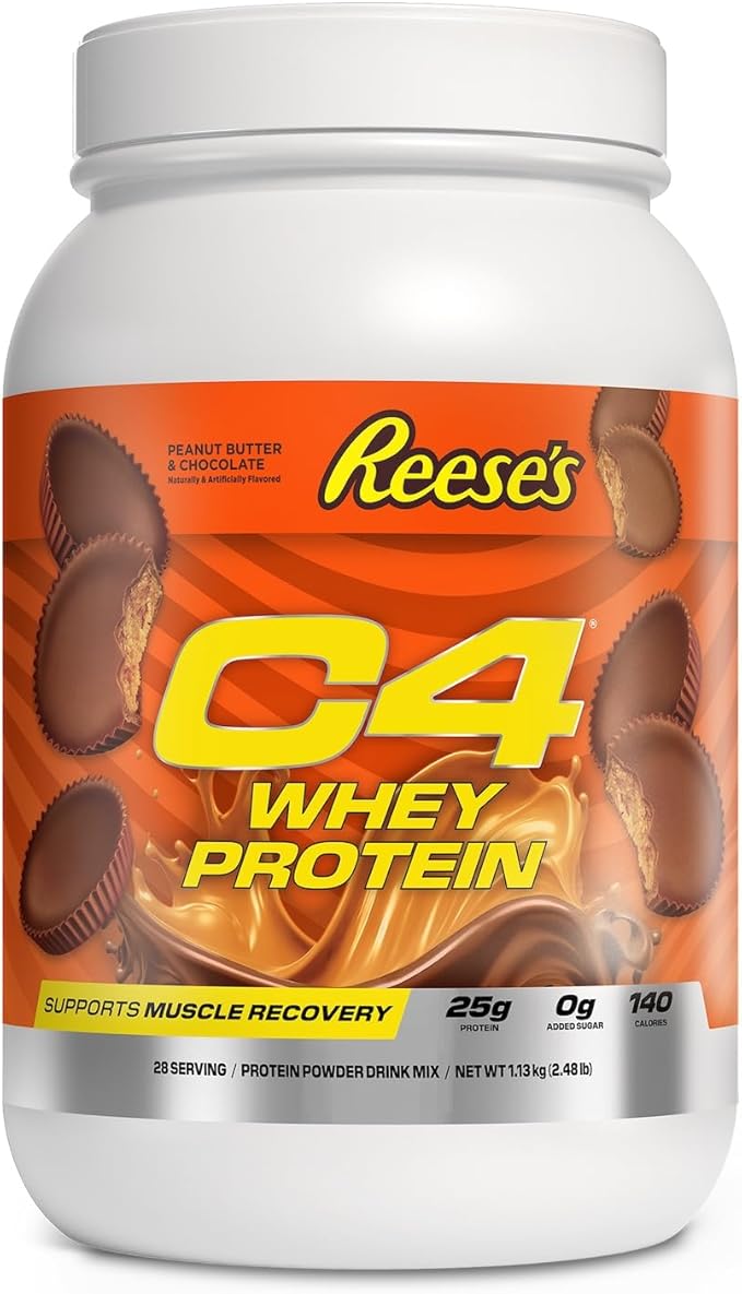 C4 Whey Protein Powder Reese's Peanut Butter &amp Chocolate - 25g Protein 0g Added Sugar 140 Calories Per Serving Supports Muscle Recovery 28 Servings Premium Whey for Post-Workout