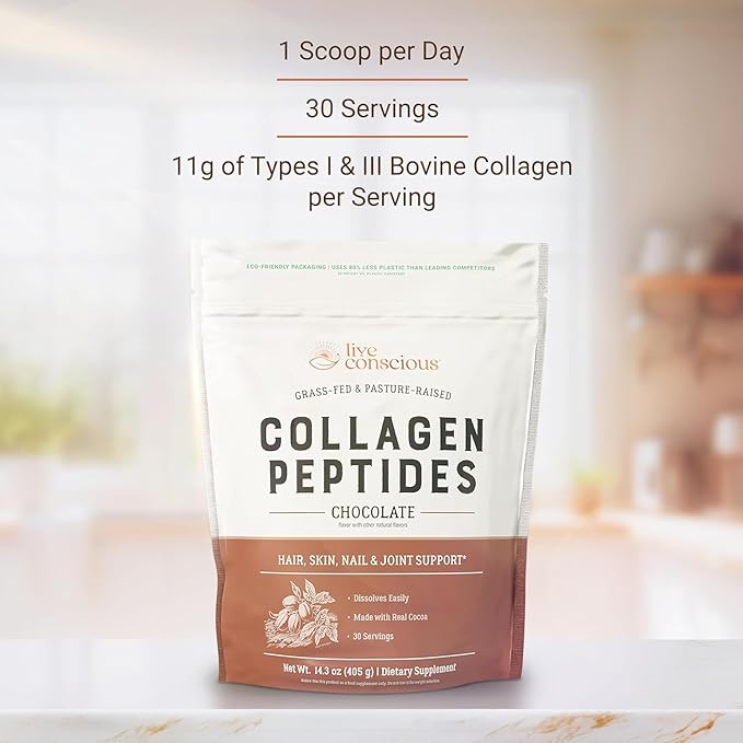 Live Conscious Collagen Peptides Powder - Chocolate Collagen Powder - Hair Skin Nail and Joint Support - Type I &amp III Grass-Fed Collagen Supplements for Women and Men (2-Pack)