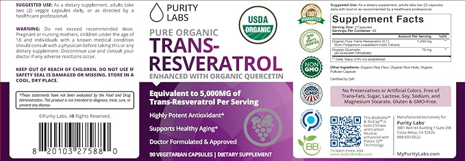 Purity Labs Trans-Resveratrol Supplement 5000 mg Equivalent per Serving with Quercetin USDA Organic High Potency Antioxidant Vegan Capsules 90 Count