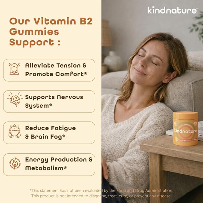 kindnature Vitamin B2 Gummies - Riboflavin 400mg Supplement for Kids &amp Adults - Non-GMO Soy &amp Gluten-Free Vegan Chewable Gummies (30 Day Supply)