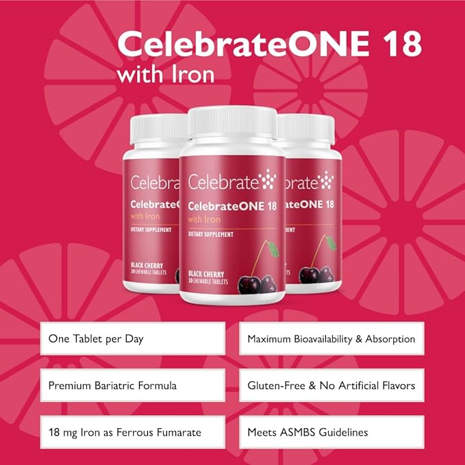 Celebrate Vitamins CelebrateONE 18 Chewables 18mg Iron - Once Daily Bariatric Multivitamin Essential Vitamins &amp Minerals - Gastric Bypass &amp Sleeve Gastrectomy Supplement - Black Cherry (90 T