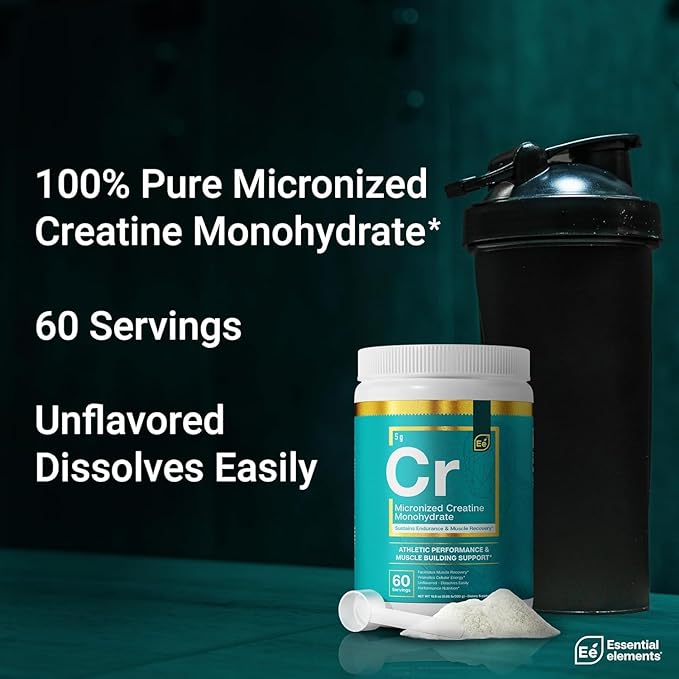 Essential Elements Micronized Creatine Monohydrate Powder for Men &amp Women - Unflavored &amp Easily Dissolved - 60 Servings