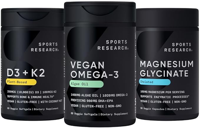Sports Research® Vegan Supplements Pack - Vegan Omega-3 Fish Oil Alternative from Algae Oil + Vitamin D3 + K2 + Magnesium Glycinate