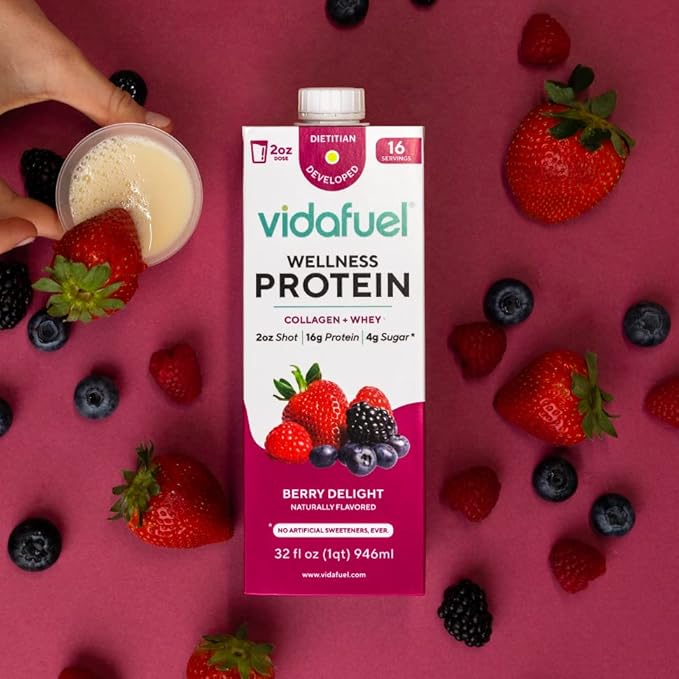 Vidafuel Protein Drink 16g protein per 2oz shot 32 fl oz carton 2 Pack berry and citrus collagen and whey drink no artificial sweeteners