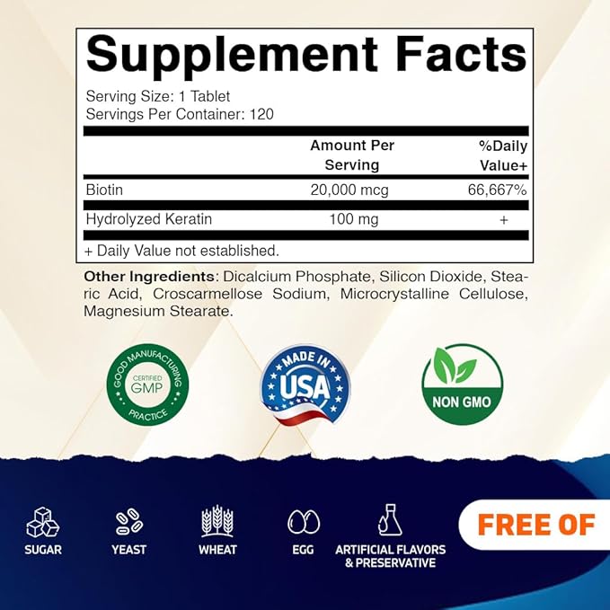 Vitamatic High Potency Biotin 20000 mcg (20mg) with Keratin 100mg - 120 Vegetarian Tablets - Biotin Supplements for Healthy Hair Skin &amp Nails for Adults (120 Count (Pack of 3))