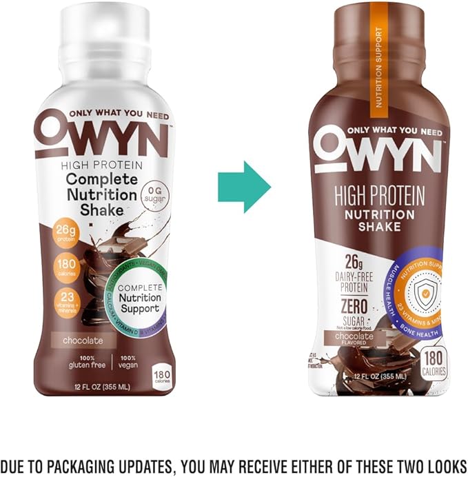 OWYN Only What You Need High Protein Shake Chocolate Flavored 26g Protein 0g Sugar 3g Fiber Dairy Free Plant Based Protein Drink 12 Count