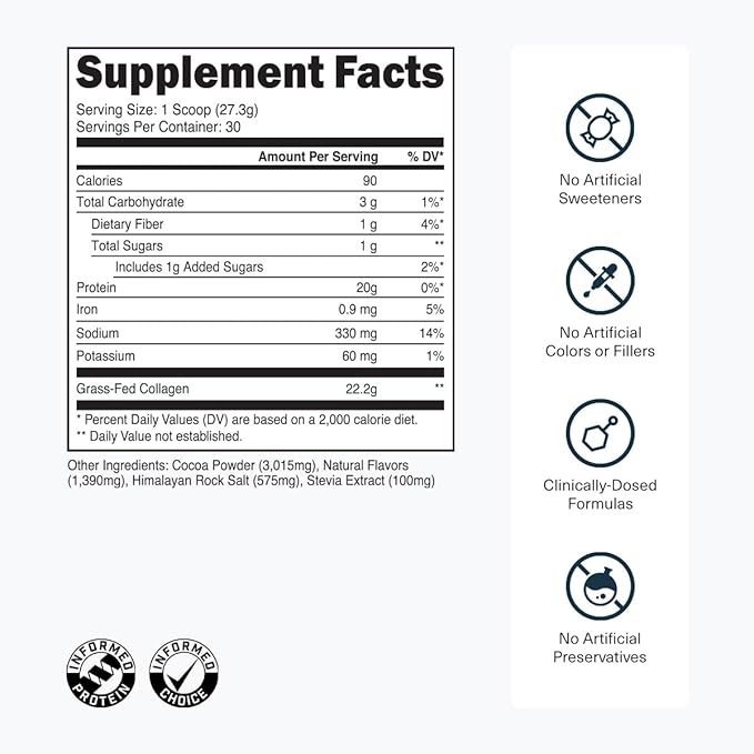 Transparent Labs Grass-Fed Collagen Peptides Powder - Collagen Powder for Women &amp Men 22G Bovine Hydrolyzed Collagen Peptides Powder for Skin Hair Bones &amp Muscle Recovery - Chocolate 30 Se