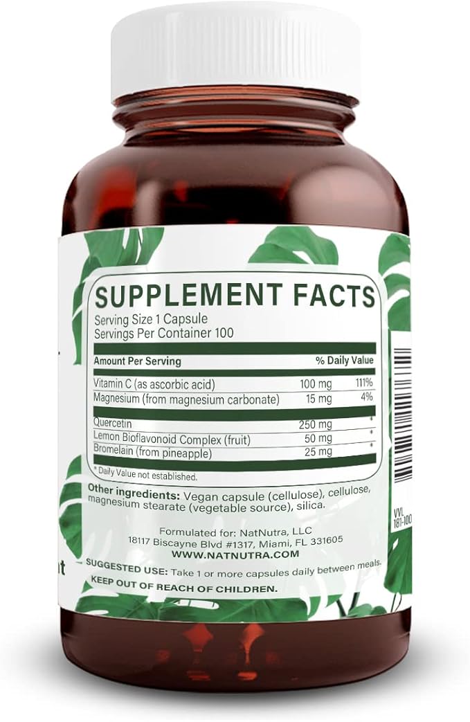 Natural Nutra Quercetin Complex with Bromelain and Vitamin C Citrus Bioflavonoid Supplement Support Body to Seasonal Changes &amp Body Redness Promotes Liver Health 100 Vegan and Vegetarian Capsul