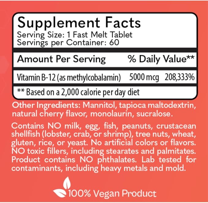 MD Logic Health Methyl-B12 5000 for Optimal Energy Levels* - 60 Fast Melt Tablets - 100% Vegan Product - Made in New York