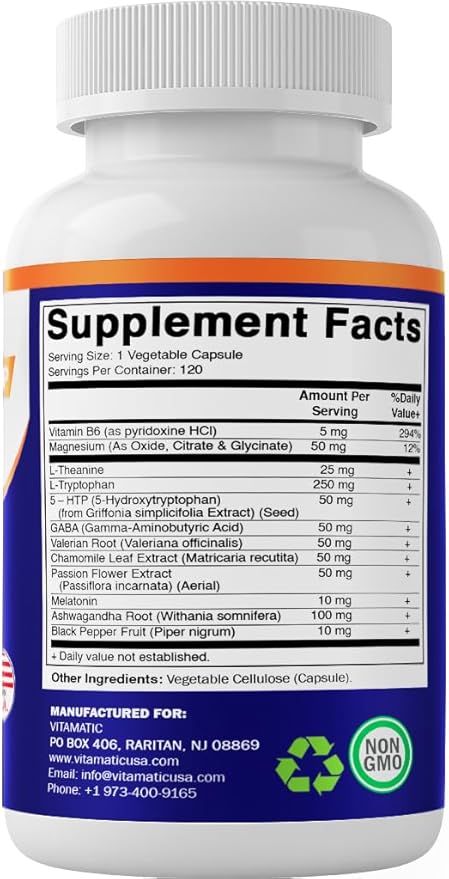 Vitamatic Advanced Sleep Aid with Melatonin - 120 Vegie Capsules -2 Pack Made with B6 Magnesium L-Theanine L-Tryptophan 5-HTP GABA Valerian Chamomile Passion Flower Ashwagandha &amp Black Pe
