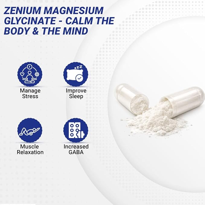Zenium - Magnesium Glycinate for Sleep Chelated 600mg per Serving 120 Capsules | High Absorption | Relieve Tension Worry Nervousness | Calm The Mind &amp Body | Ayurvedic | Natural Relief Supple
