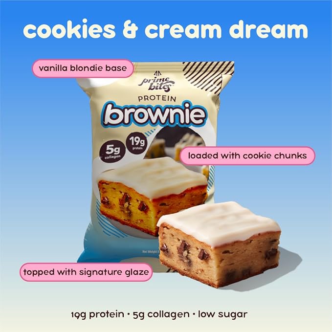 Prime Bites High Protein Brownie (12 Per Box Cookies &amp Cream Blondie) - 19g of Protein 5g of Collagen Gluten Free Low Sugar Treat Delicious Protein Snack