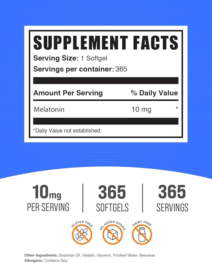 BulkSupplements.com Melatonin 10 mg Softgels for Adults – Sleep Supplement 10 mg per Serving Gluten Free 1 Softgel per Serving 365 Count (Pack of 1)