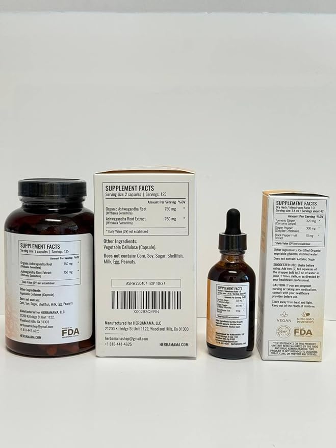 HERBAMAMA Ashwagandha and Turmeric Ginger Kit - Bundle of 1500 mg Ashwagandha Root Capsules &amp Turmeric Ginger Tincture 2 fl oz - Vegan Non-GMO Sugar &amp Alcohol-Free - 2 Pack