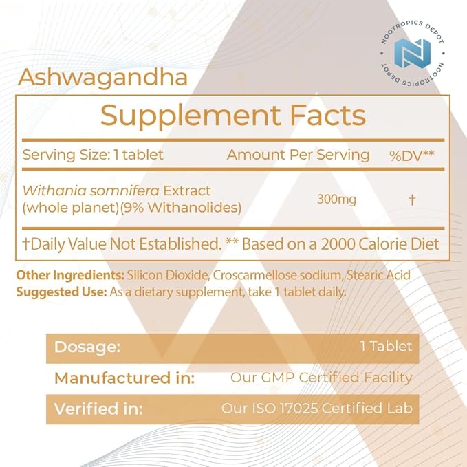 Nootropics Depot Ashwagandha Extract Tablets | 300mg | 180 Count | Minimum 9% Withanolides | May Help Support Healthy Stress Levels | May Help Support Energy &amp Focus