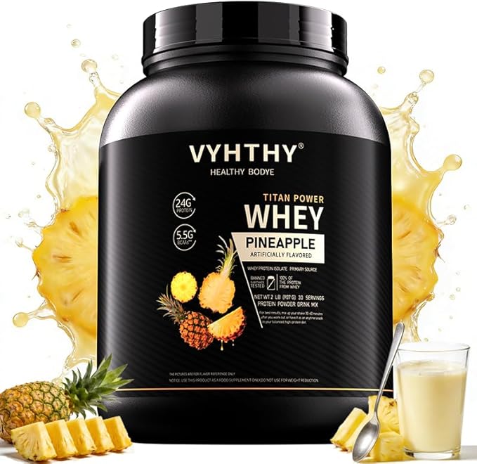 Pineapple Flavored Whey Protein Powder24g Protein per Serving Fast-Absorbing Concentrated whey Protein Low Sugar Gluten-Free Natural Flavor 2 lbs/32 oz.