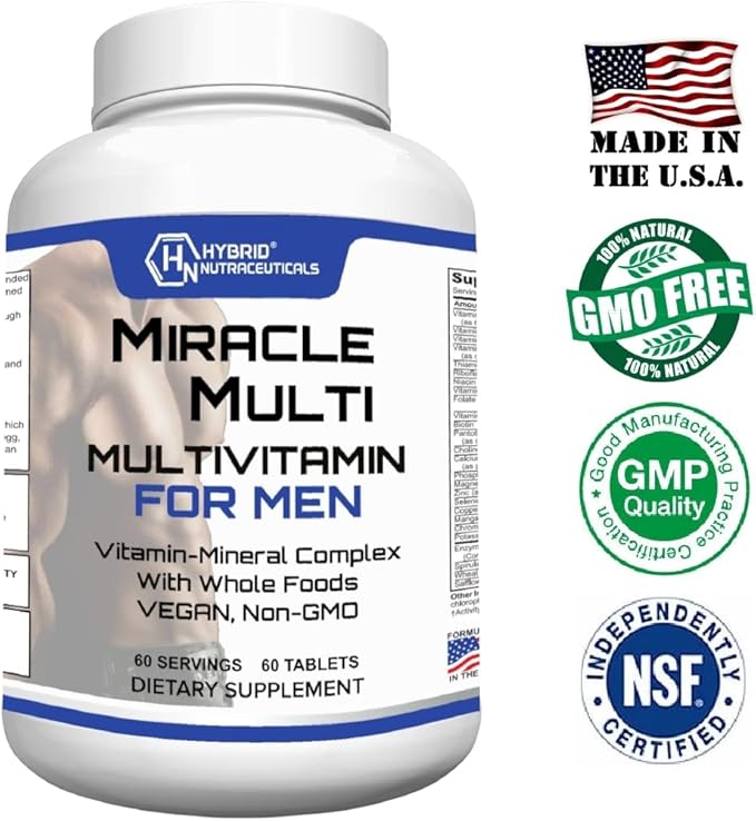 MiracleMulti Best Multivitamin for Men Vitamin and Mineral Supplement with Probiotics Superfood Enzyme Blend: Support for Heart Prostate Stamina Energy: Non-GMO (2-Pack 120 Tablets)