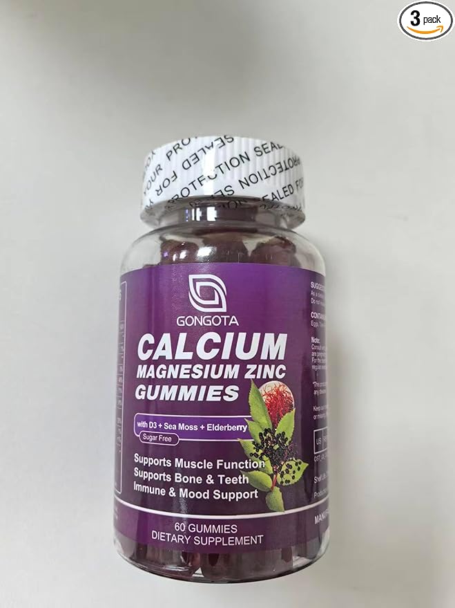GONGOTA Calcium Magnesium Zinc with Vitamin D3 Supplement Highly Absorbent Calcium Gummies with 300mg Magnesium glycinate Flexibility &amp Immune Support Supplement for Men and Women Vegan (3 Pack