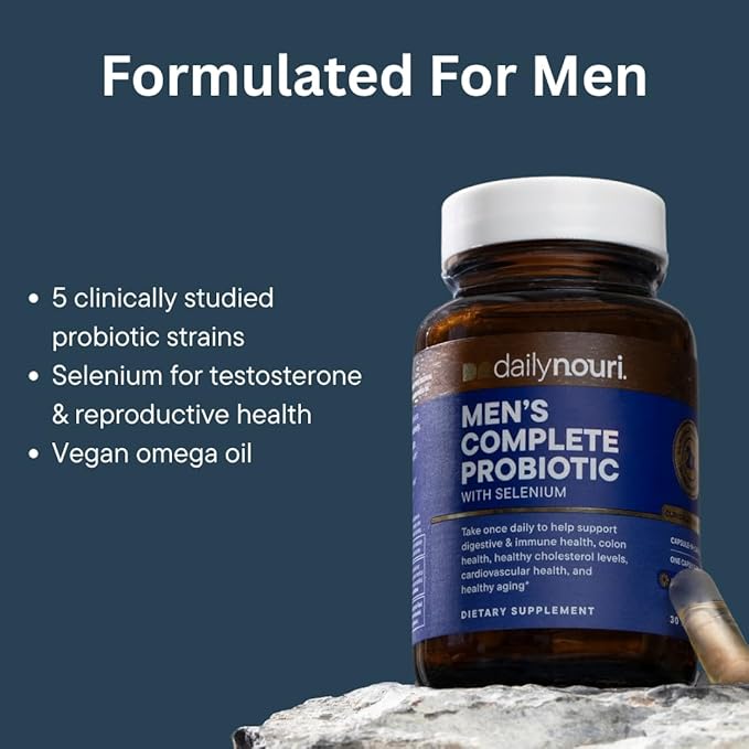 Daily Nouri Probiotics for Men | Digestive &amp Immune Support | Gut &amp Colon Health | 5 Clinically Studied Strains + Selenium &amp Omega | 60-Day Supply