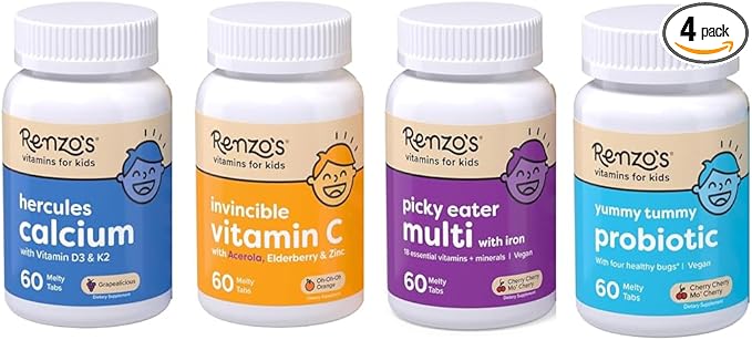 Renzo's Vitamins Kid Essential Bundle - Probiotic Vitamin C with Elderberry &amp Zinc for Immune Support Picky Eater Kids Multivitamin and Hercules Calcium