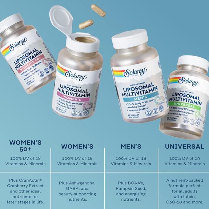 SOLARAY Liposomal Multivitamin for Men Enhanced Absorption Immune Energy &amp Bone Support Supplement Mens Daily Multi Vitamin BCAAs Vitamin D3 C B12 Zinc Vegan Soy Free 60 Serv 120 VegCa