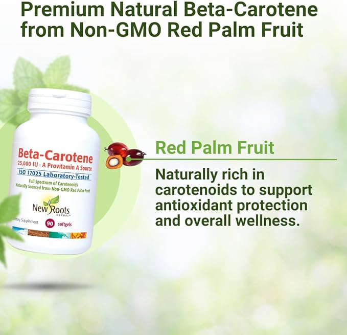 NEW ROOTS HERBAL Beta-Carotene 25000 IU Supplements | Vitamin A (90 Softgels) | Full Spectrum of Carotenoids | Naturally Sourced from Non-GMO Red Palm Fruit + Organic Flax Seed Oil
