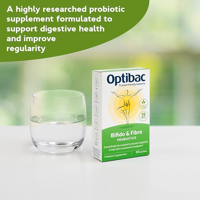 Optibac Probiotics Bifido &amp Fibre - Vegan Probiotics for Digestive Health &amp Occasional Constipation 25 Billion CFU &amp Prebiotic - 10 Sachets