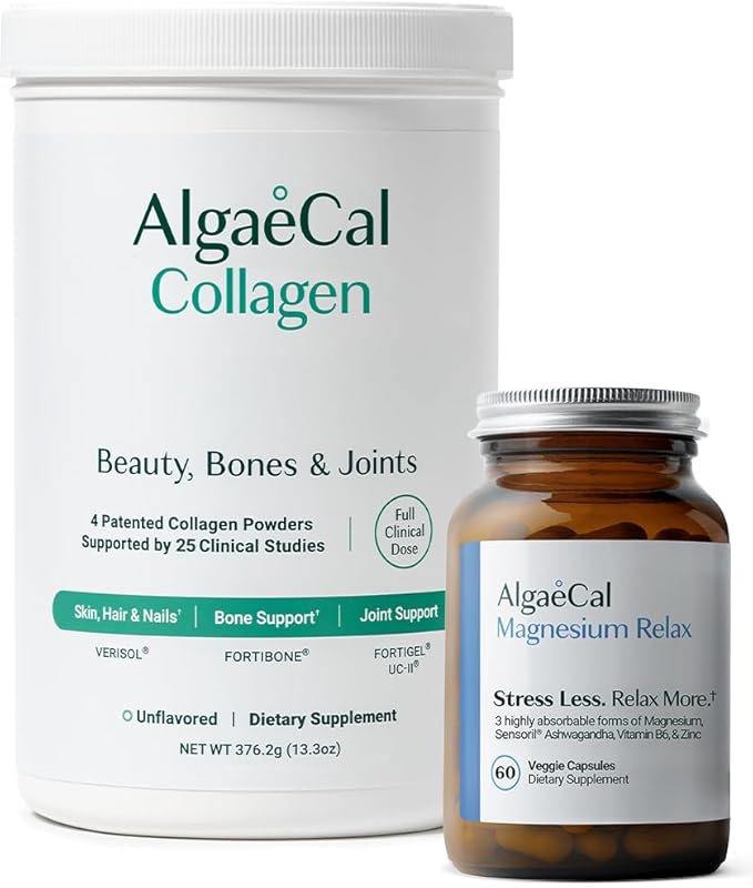 AlgaeCal Magnesium Relax™ - Chelated Magnesium with Ashwagandha for Sleep &amp Stress and AlgaeCal Collagen: 4 Clinically-Supported Peptides VERISOL® FORTIGEL® UC-II® FORTIBONE®