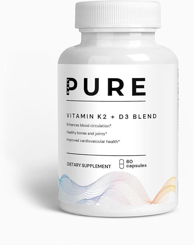 PURE LIFE Vitamin K2 D3 Supplement – 60 Capsules – Pure Vitamin D3 + K2 with Calcium &amp BioPerine – Supports Bone and Joints Improved Cardiovascular Health – Best D3 and K2 Supplement – USA Made